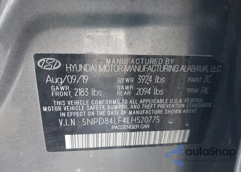 2020 Hyundai Elantra Sel z USA, uszkodzony, nr VIN 5NPD84LF4LH520775